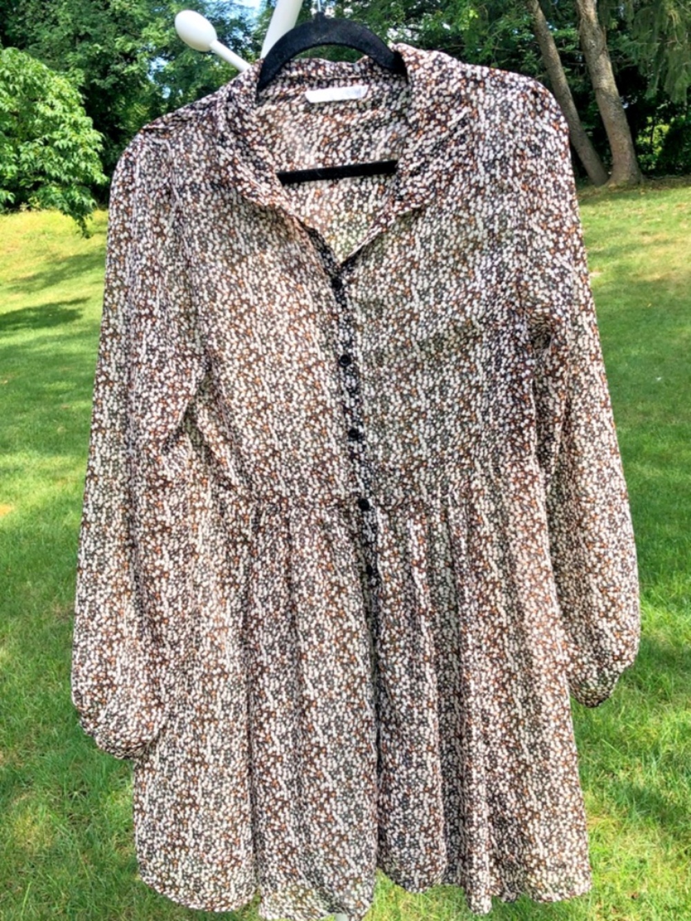 Stussy Y2K sheer long -sleeve Brown ditsy floral babydoll shirt Dress S